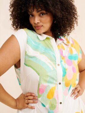 Maeve by Anthropologie Lillian Cap-Sleeve Button-Front Pastel Dress, 2X